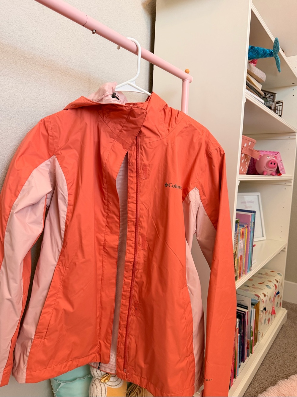 Columbia Coral and Light Pink Hooded Rain Jacket
